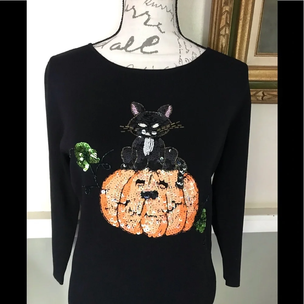 🖤 Black Cat Sequin Pumpkin Top L NWT 58.00 Last One Left - Picture 8 of 9